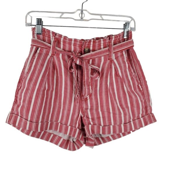 American Eagle Shorts Womens 2 Paper Bag Linen Blend Red White Striped High Rise - Picture 1 of 16